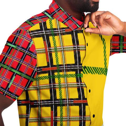High impact yellow & red jungle plaid button up