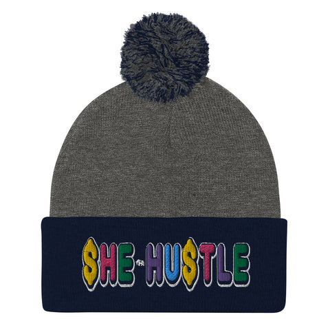 She Hustle rainbow Pom-Pom Beanie