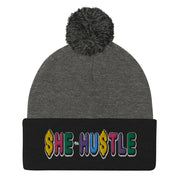 She Hustle rainbow Pom-Pom Beanie