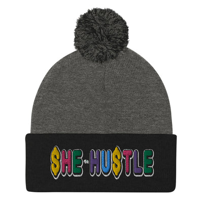She Hustle rainbow Pom-Pom Beanie
