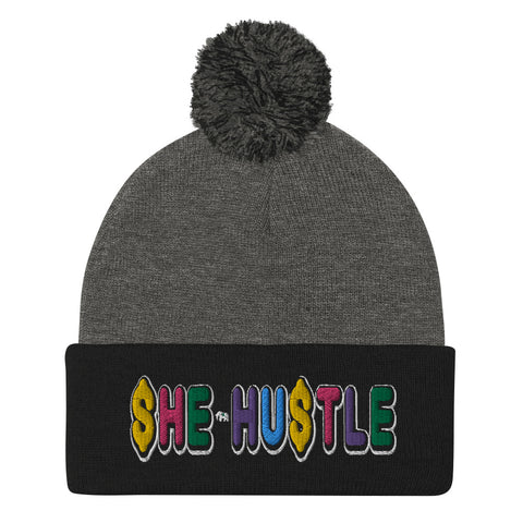 She Hustle rainbow Pom-Pom Beanie