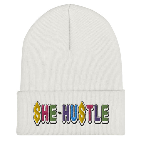White SHE HUSTLE Cuffed Beanie