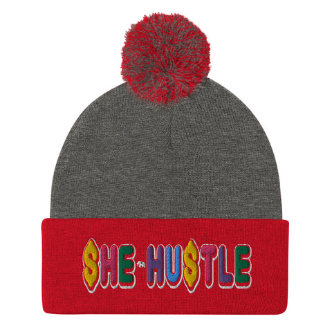 She Hustle rainbow Pom-Pom Beanie