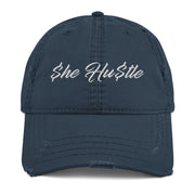 Distressed SHE HUSTLE Dad Hat WHITE STITCH