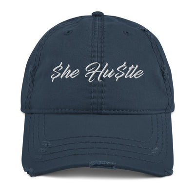 Distressed SHE HUSTLE Dad Hat WHITE STITCH