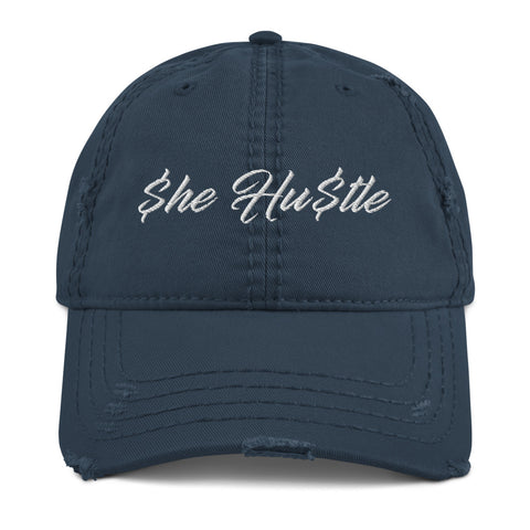 Distressed SHE HUSTLE Dad Hat WHITE STITCH