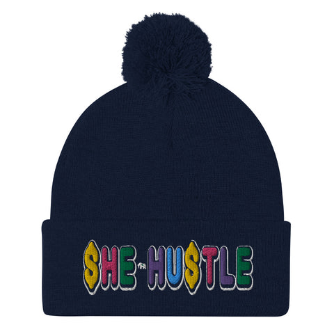 She Hustle rainbow Pom-Pom Beanie